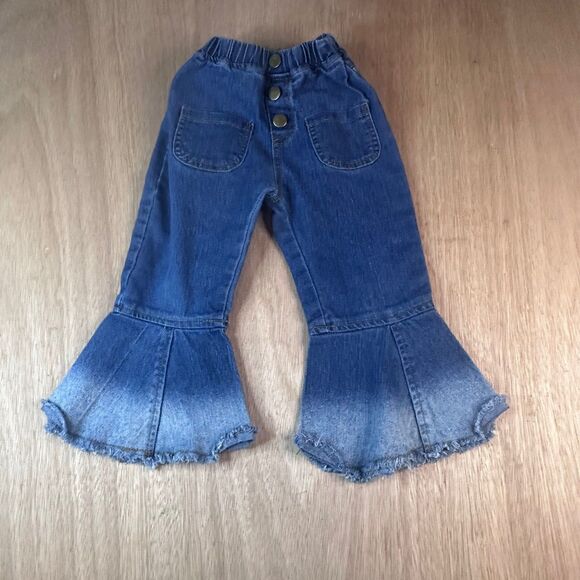 Girls 4-5Y Bell Bottom Flare Jeans Distressed Hem Boho Retro Denim Pants - Picture 1 of 3